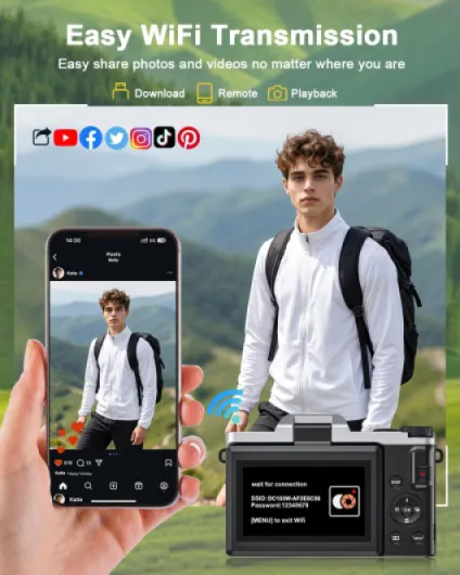 4K Digital Camera with WiFi, 64MP Autofocus Vlogging Camera Compact Travel Cameras for Photography, 3" 180° Flip Screen 16X Zoom Flash Anti-Shake, 32GB Card, 2 Batteries Black