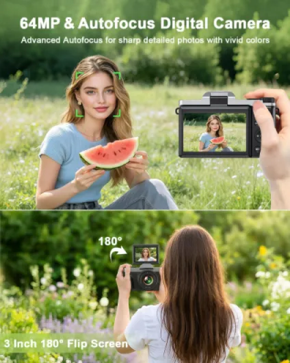 4K Digital Camera with WiFi, 64MP Autofocus Vlogging Camera Compact Travel Cameras for Photography, 3" 180° Flip Screen 16X Zoom Flash Anti-Shake, 32GB Card, 2 Batteries Black