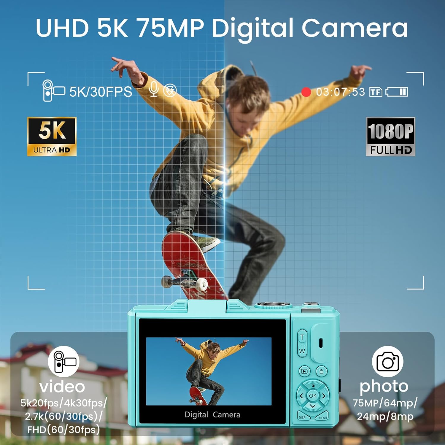 5K Digital Camera with WiFi Transfer, 75MP Vlogging, 18X Zoom & 3" Flip Screen, Auto Focus YouTube Camera, 64GB SD Card Included, Compact for Kids, Teens & Beginners, Blue Blue+64G SD CARD with 64G SD Card