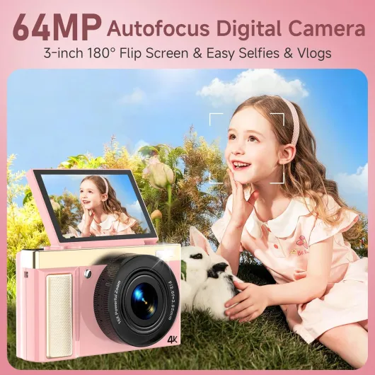 4K 64MP Digital Camera with 32GB TF Card, 3" 180° Flip Screen Autofocus Camera with 16x Zoom and Macro, Compact Rechargeable Vlogging Camera Gifts for Kids Beginners Adults Pink