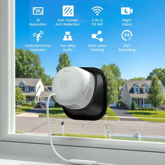2K Window Security Camera - 2.4GHz & 5GHz WiFi Indoor Cameras for Home Security, Peel-and-Stick Installation, Human Detection, Night Vision, Anti-Glare, Anti-Reflection, 24/7 Recording, K1