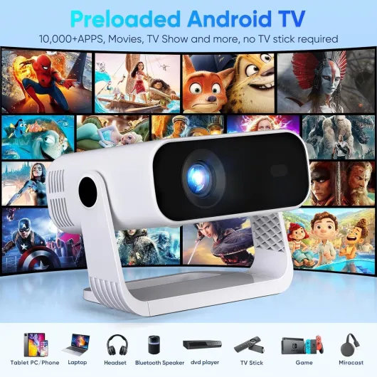 2026 New Smart Projector Built-in Apps, Android 14, Native 1080P 4K Supported WiFi 6 Bluetooth 5.2, 20000 Lumens, Low Fan Noise (<30dB), Home Cinema Projector for iOS/Switch /PS5 2026NEW Black-White