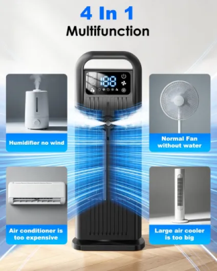 Portable Air Cooler, 6 in 1 Air Conditioner 1200ML Evaporative Air Cooler with Remote Control, 120° Oscillating 4 Speeds 12H Timer Mist Spray Tower Fan for Home Office（Midnight Black）