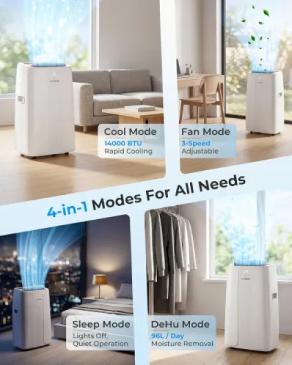 LEENON Air Conditioning Unit 14000 BTU Portable Air Conditioner, Powerful 4-in-1 AC Conditioners Dehumidifier Fan & Sleep Mode, Aircon Unit with 24H Timer,Auto-Swing, Remote Control, Exhaust Hose Cool White