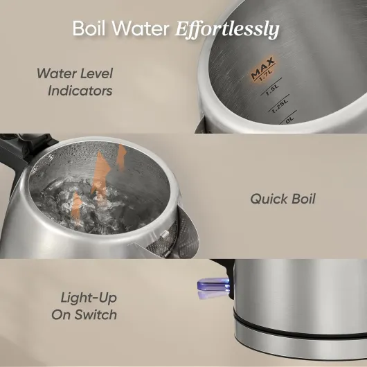 Kettle, Plastic-Free Water Contact, Kettles Electric Brushed Stainless Steel Durable Filter, 3000W Fast Boil Automatic Shut Off & Boil-Dry Protection, Hot Water Boiler & Heater, 1.7L, Silver Sliver