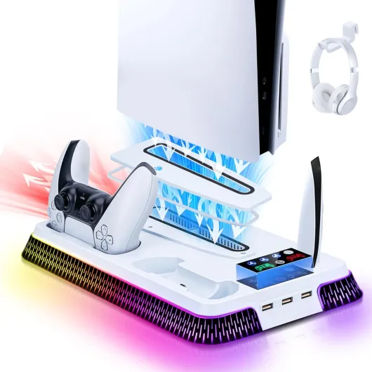 PS5/Slim & Pro Cooling Stand & Dual Controller Charging Station, PS5 Accessories with RGB Light & Headset Hook (Black) PS5/PS5 Slim/PS5 Pro RGB