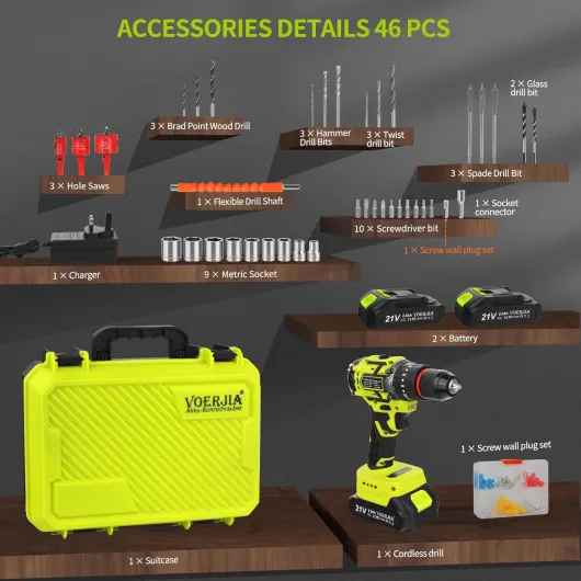VOERJIA Cordless Drills, 21V Brushless Battery Drill with 2 Batteries 2000mAh, 20+3 Torque Electric Drills, 3/8" Chuck, 65N.m Max Hammer Drill, 2 Spees LED Drill Set, 46Pc DIY Power Tools for Home