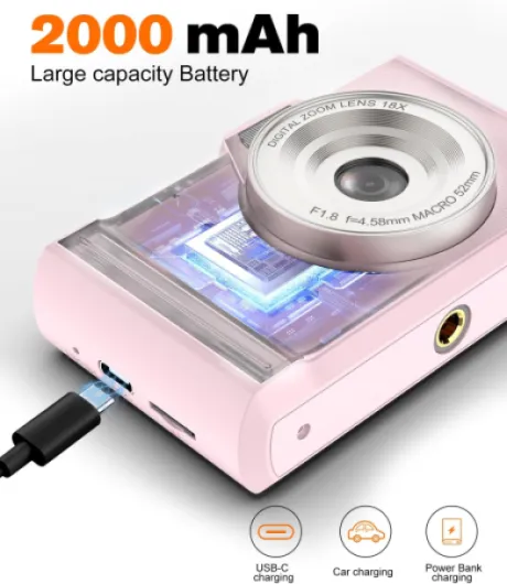 Digital Camera 4K 64MP Compact Portable Photo Camera,18X Digital Zoom Autofocus - Anti-Shake,2.8" IPS Screen with 32GB SD Card & OTG Adapter,Vlogging Camera for Kids Teens Students Beginners Pink