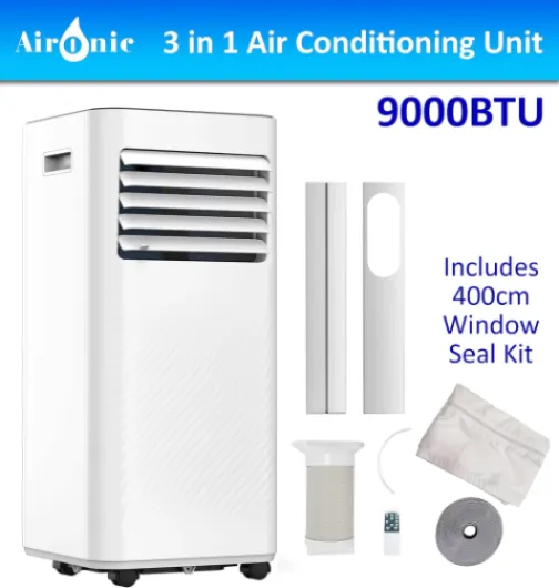 AuraHome Portable Air Conditioner 9000 BTU 4-in-1 Air Conditioner, Dehumidifier, Cooling Fan with 2 Fan Speeds, Digital Display & Remote Control, 24 Hour Timer for Rooms >215ft Window Vent Hose Kit