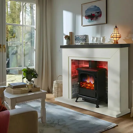 Endeavour fires Farlington Electric Fireplace, Black Log Burner Stove in 48'' Off White Surround, LED Downlights with Remote Control (Grey Top/Grey Brick) Grey Top/ Grey Brick