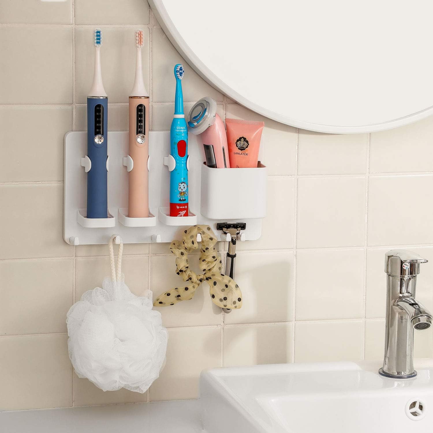 Adhesive Electric Toothbrush Holder Wall Mounted (White) - no drilling required - adhesive installation - 2pcs self-adhesive tape included - abs plastic - with 6hooks - razor hanger