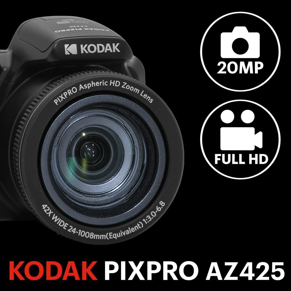 KODAK Pixpro Astro Zoom AZ425 - Appareil Photo Numérique Bridge, Zoom Optique 42X, Grand Angle de 24 mm, 20 Mégapixels, LCD 3, Vidéo Full HD 1080p, Batterie Li-ion - Noir Noir Appareil photo